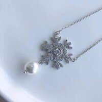 wholesale Sterling Silver Christmas Snowflake Necklace for Women with Pearl, Korean-style Minimalist Collarbone Chain, Fashionable and Luxurious Micro-Paved Jewelry for TikTok Live-xb238-white gold