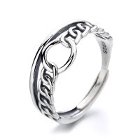 wholesale S925 Sterling Silver Twist Chain Ring, Fashionable and Individualistic Ins Trend Retro Wide Band Open Ring-YJ089/approx. 2.9g Adjustable opening