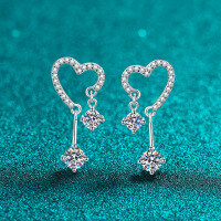 S925 Sterling Silver Moissanite Heart Tassel Earrings-7A Zircon  925 Silver