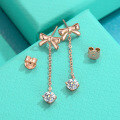 wholesale Rose gold-plated S925 silver bow earrings, sweet and lightweight luxury ear accessories with tassel drop, long design for women, elegant-0-2