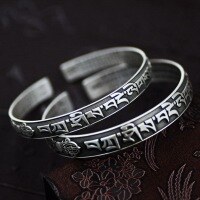 wholesale Fine Silver 999 Six-Syllable Mantra Bracelet for Women, Vintage Antique Tibetan Vajra Dharani Scripture Pure Silver Bangle for Men-One thin model (1000013) Pure silver