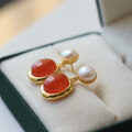 wholesale S925 sterling silver gold-plated natural Sichuan cherry red pearl earrings, women's pearl and southern red agate stud earrings-0-1