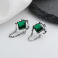 wholesale S925 Sterling Silver Emerald-Cut Green Zircon Chain Tassel Drop Earrings Vintage Elegant Statement Ring for Women-0-0