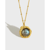 wholesale Metal material, French ins style clavicle chain,, lava texture labradorite white crystal necklace for women-18K gold/natural labradorite 925 silver