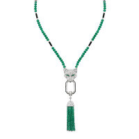 wholesale Metal: 925 Silver Gold Plated Pendant Chain with High-Carbon Diamonds, Wild Wolf Design, Muzo Green Natural Chalcedony Tassel Women's Necklace-Muzo Green 925 Silver
