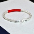 wholesale 999 Silver Open-Ended Small Seal Script "Peace and Joy" Bracelet for Women, Thin Retro Chinese Style Solid Bangle for Students-0-1