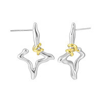 wholesale S925 Sterling Silver 985 Small and Edgy Asymmetric Star Design Two-Tone Plated Stud Earrings for Women-Platinum + 18K gold [with sterling silver ear plugs]  925 silver