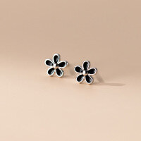 wholesale S925 Sterling Silver Forest-style Black Vinyl Five-Petal Flower Ear Studs Sweet Girly Heart Temperament Ear Jewelry M04099-S925 silver pair gold 925 silver