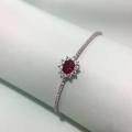 wholesale S925 Sterling Silver Sunflower Bracelet for Women, Red Simulated Gemstone, Elegant Rhinestone Design, Adjustable, Wholesale-0-3