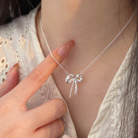 wholesale S925 Sterling Silver Popular Bow Necklace for Women, Korean Dongdaemun Style, Minimalist and Luxurious, Unique Collarbone Chain-Pure silver (length 40+5CM)