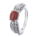 wholesale S925 Sterling Silver Wheat Ears South Red Oval Ring Retro Matte Finish Cabochon Index Finger Ring Factory Direct-0-4
