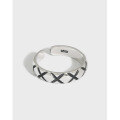 wholesale S925 Sterling Silver Korean Version Ins Retro Minimalist Diamond Grid Textured Open Adjustable Ring for Women-0-0