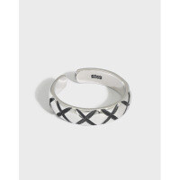 wholesale S925 Sterling Silver Korean Version Ins Retro Minimalist Diamond Grid Textured Open Adjustable Ring for Women-Vintage Silver [No. 13/Adjustable] &gt; Opening adjustable