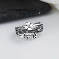 wholesale S925 Sterling Silver Multi-layer Four-leaf Clover Letter Smile Ring Internet Popular Style Hot Selling Trendy and Versatile Band-273J/approx. 3.2g Adjustable opening