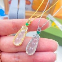 wholesale S925 Sterling Silver High-Ice Chalcedony Inlaid Style Chalcedony Four-Seasons Bean Necklace Fashion New Chinese Style Niche Collarbone Chain-Small Lucky Bean Necklace--Platinum>925 Silver