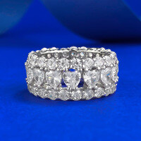 wholesale S925 Silver European and American Full Diamond Row Ring 4mm Heart-Shaped Small Row Ring Women's Full Diamond Wide Band-R152 White Diamond Ring No. 5