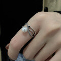 wholesale S925 Sterling Silver Korean-style Vintage Cross Pearl Ring with Black Spinel for Women, Versatile and Elegant-0-2