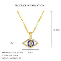 wholesale S925 Sterling Silver Cross-border Hit Deep Blue Evil Eye Zircon Necklace, Small-design Fashion Euro-american Collarbone Chain-A4322_Spine 113#/White Zirconium_18K Yellow Plating_Swimming Paint_Palladium Base_40+5CM 925 Silver