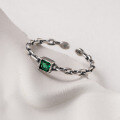 wholesale S925 Sterling Silver Emerald Green Diamond Inlaid Adjustable Open Ring Light Luxury Chain Square Ring R00857-0-1