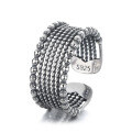 wholesale S925 Silver Retro Distressed Twist Polka Dot Bead Braided Wide Minimalist Niche Design Open Adjustable Ring-0-4