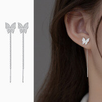 wholesale Sterling Silver S925 Diamond Butterfly Ear Thread Ins Niche Luxury Advanced Full Diamond Fringe Long Earrings M02940-S925 silver pair silver 925 silver