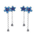 wholesale S925 Sterling Silver Exquisite Craftsmanship Blue Enamel Blue Flower Tassel Ear Studs, Artistic Vintage Ethnic Style Earrings for Women-0-4