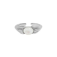 wholesale S925 sterling silver minimalist versatile inlaid shell stone textured open ring for women, Korean version, ins design-Platinum [No. 15/Adjustable]>Opening adjustable