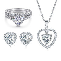 wholesale 925 Sterling Silver Zirconia Heart-Shaped Earrings and Necklace Set-Ring TL-037 + Earrings TLED085 + Necklace TLXL102  US Size 8#