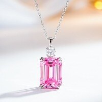 S925 Silver Aquamarine Necklace, 10X14 Emerald Cut Ice Flower Pendant Wholesale-Pink Diamond - XL154  925 Silver