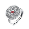 wholesale S925 Sterling Silver Retro Vintage Ethnic Style Shan Gui Cinnabar Red Stone Talisman Ba Gua Coin Adjustable Ring-0-6