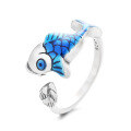 wholesale S925 Sterling Silver Retro Ethnic Style Resin Enamel Lotus Pod Auspicious Koi Fish Meaningful Adjustable Ring-0-6