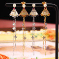 wholesale S925 silver Chinese-style folding fan earrings with long tassels, white shell, and pearl accents-0-0
