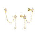 wholesale S925 Sterling Silver Double Five-Point Star Chain Drop Earrings with Tassels and Crystal Accents,。-0-4