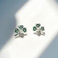 wholesale S925 Sterling Silver Pearl-Accented Green Clover Earrings for Women, Fresh and Versatile Pearl Checkerboard Earrings-0-5