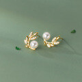 wholesale S925 sterling silver synthetic pearl diamond-encrusted leaf earrings in an ins style, model M03953-0-0
