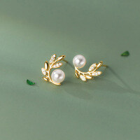 wholesale S925 sterling silver synthetic pearl diamond-encrusted leaf earrings in an ins style, model M03953-S925 silver pair>925 silver