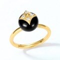 wholesale 925 Silver Vintage Korean and Japanese Style Black Agate Four-Leaf Clover Ring, Floral Round Ring with a Touch of Little Luxury Charm-0-1