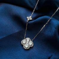 Sterling Silver Four-Leaf Clover Pendant Necklace with Full Pavé Diamonds-White gold  925 silver