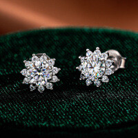 S925 Silver Sunflower Earrings with Moissanite, Simple Bridal Gifts-50 points (eight hearts and eight arrows zircon)  925 silver