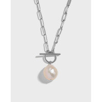 wholesale S925 Sterling Silver 442 Korean Version Ins Niche Irregular Baroque Freshwater Pearl OT Clasp Chain Textured Necklace for Women-Platinum [Long] 925 Silver