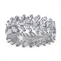 wholesale 925 Sterling Silver Full Pave Marquess Leaf Ring for Women Wholesale, T-Style Leaf Diamond Ring, European and American Amazon Rings-Platinum US size 6#