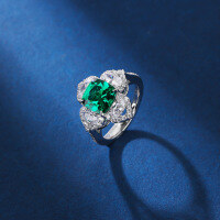 wholesale S925 Sterling Silver Heavy Petal Surround Design with Lab-Grown Emerald and Zircon Ring-Green No. 5