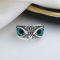 wholesale S925 Sterling Silver Creative Carved Pattern Blue Eye Owl Ring Exaggerated Unisex Index Finger Ring-0-1