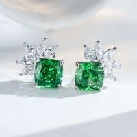 S925 Sterling Silver Earrings, Four-Prong Radiant Cut Ice Flower Blue Topaz and Yellow Diamond Studs.-Green Diamond - ED063  925 Silver