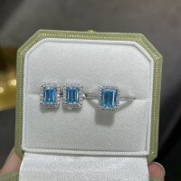 wholesale S925 silver plated with 18k gold, new emerald cut blue moissanite 1-carat daily versatile commuting set-6*8mm Sky Blue Moissanite Ring US Size 7