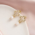 wholesale 14K Gold Baroque Pearl Earrings for Women, European and American Cross-Border Fashion, 925 Sterling Silver Hollow Cross Earrings-0-2