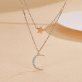 wholesale S925 Sterling Silver Micro-Paved Zircon Moon and Five-Pointed Star Necklace, Star Fashion Light Luxury Elegant Niche Double-Layer Choker-0-1