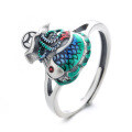 wholesale S925 Sterling Silver Creative Artistic Vintage Ethnic Style Resin Koi Fish Auspicious Meaning Adjustable Ring-0-5