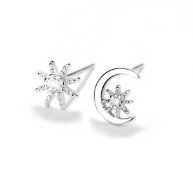 wholesale S925 Sterling Silver Exquisite Sparkling Asymmetrical Star Moon Earrings, Simple And Fashionable Popular Earrings Wholesale-105ED-Platinum 925 Silver