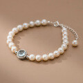 wholesale S925 sterling silver round diamond sea blue topaz Swarovski pearl bracelet, niche French-style luxury women's accessory S6826-0-8